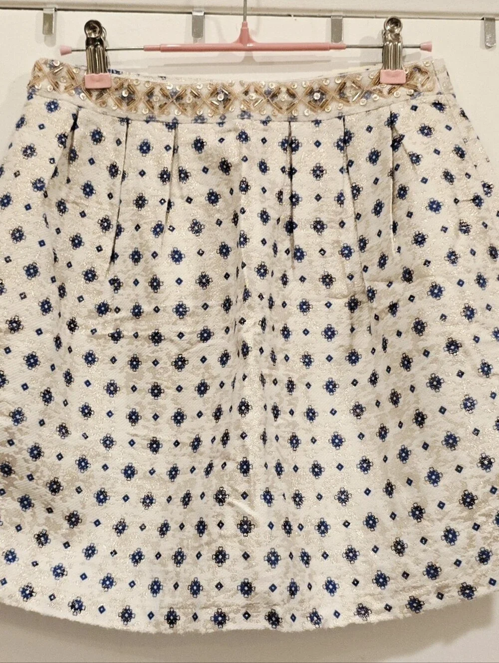 Miami Cream Brocade Shimmery Skirt with Blue Floral Print And Beaded Waist.